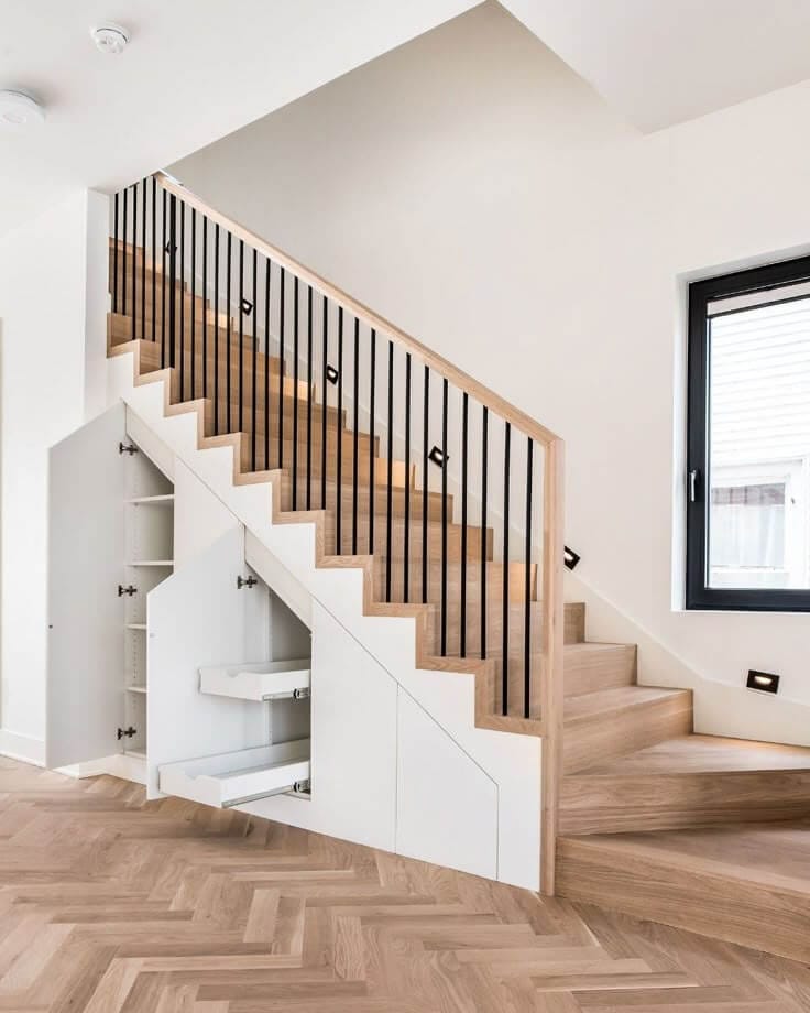 newly installed herringbone flooring and hardwood stairs